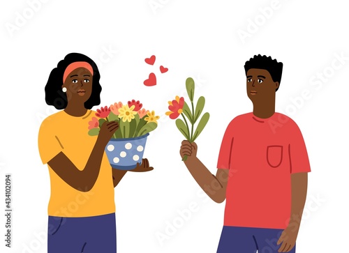 Couple with flowers. People in love holding bouquets. Garden characters, afro american woman and man. Loving cute casual vector characters