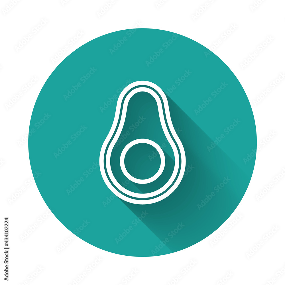 White line Avocado fruit icon isolated with long shadow background. Green circle button. Vector White line Avocado fruit icon isolated with long shadow background. Green circle button. Vector