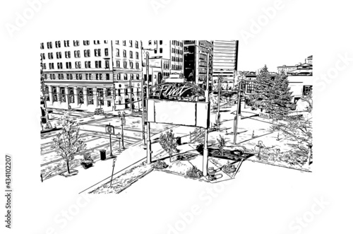 Building view with landmark of Flint is the 
city in Michigan. Hand drawn sketch illustration in vector.