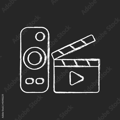 Movies streaming chalk white icon on black background. Moving picture on television. TV shows online. Theatre-style movie experience at home. Video platform. Isolated vector chalkboard illustration