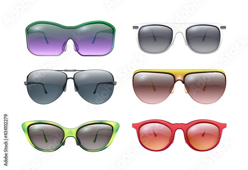Isolated sunglasses. Colorful sunglass, realistic bright frames. Plastic metal rim, summer face protection fashion accessories vector collection