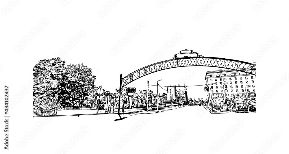 Building view with landmark of Flint is the
city in Michigan. Hand drawn sketch illustration in vector.