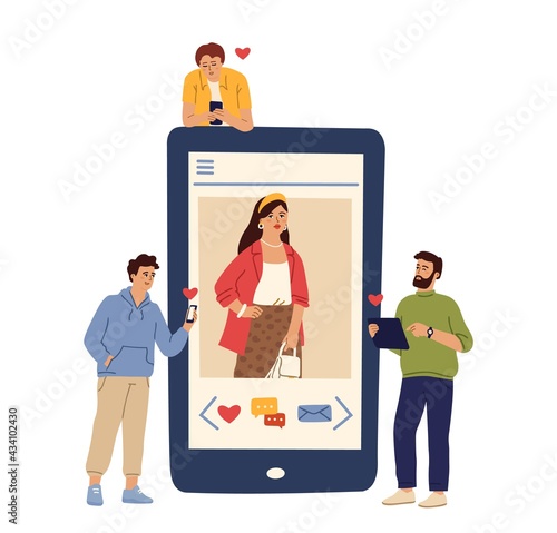 Social media relationship. Casual girl photo on phone screen. Men in love online. Liked woman, guy with smartphone and tablet vector concept