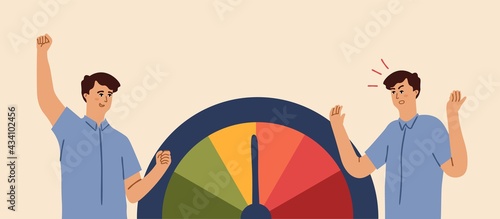 Stress mood scale. Emotional man, tired angry or stressful manager. Tension in job or life, happy and wroth male vector character
