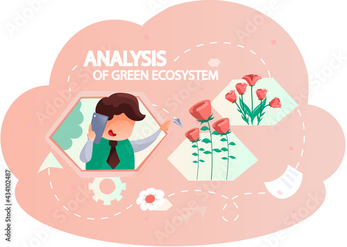 Nature and ecology modern graphic design poster. Man analyzes green ecosystem of planet. Teamwork with ecological and environmental theme. Businessman conducts research of plants and flowers on planet