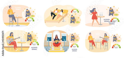 Set of illustrations about alcoholism. Alcohol dependence concept. Unhealthy lifestyle and bad habits. Immunity level decreases due to drinking. Alcohol consumption affects health of people