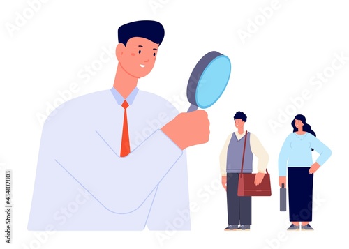 Candidate search. Find professionals, look in magnifier for searching workers. Businessman or hr manager hire talent. Utter vector hiring concept