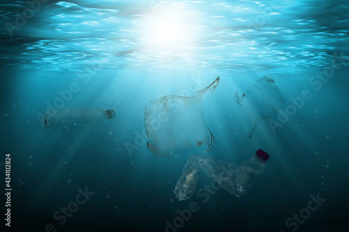 Wallpaper Mural Pollution of ocean with plastic waste floating in the water. Environmental protection and ecology concept.  Torontodigital.ca