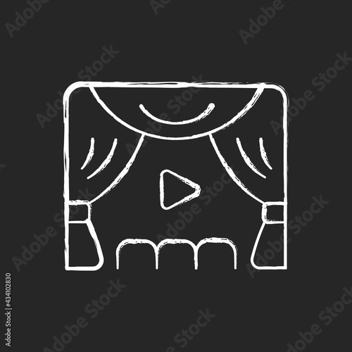 Premiere chalk white icon on black background. Watching streaming movies and TV series. Online event in real-time. Broadcasting big-screen flicks. Isolated vector chalkboard illustration
