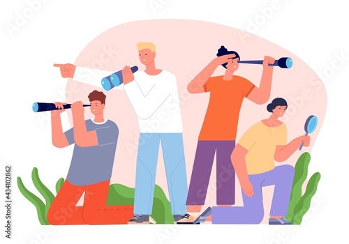 Team searching ideas. Boy search, flat people finding inspiration. Brain storming. Group holding magnifying glass and look around utter vector concept