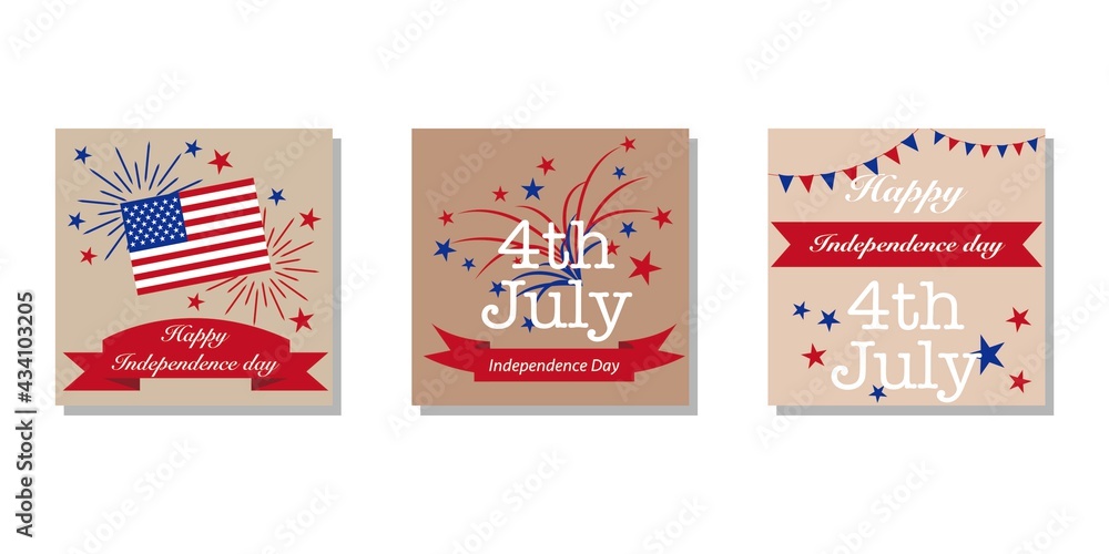 Fototapeta premium Set of Independence day concept square frames. Decorative Square templated for web, banner, app design. Independence day, Holiday, USA, American, Holiday, 4th July.