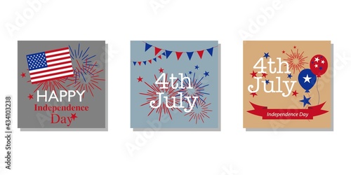 Set of Independence day concept square frames. Decorative Square templated for web, banner, app design. Independence day, Holiday, USA, American, Holiday, 4th July.