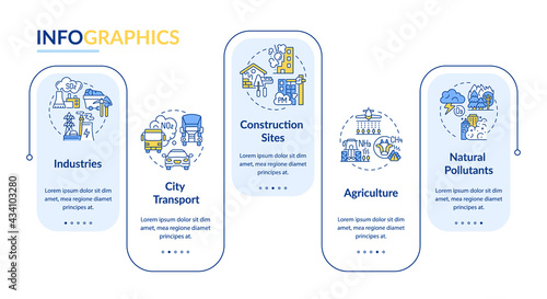 Ambient air pollution vector infographic template. Industry, construction sites presentation design elements. Data visualization with 5 steps. Process timeline chart. Workflow layout with linear icons