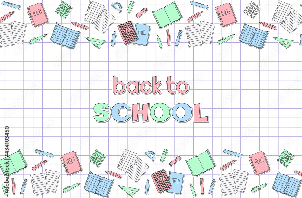 Back to school hand lettering, border of school supplies and office stationary stickers and patches on a notebook sheet in a cell. Vector design template for invitation, banner, poster. Knowledge Day