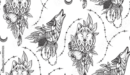 Vector beautiful seamless pattern. Romantic elegant endless background with hand drawn totem walf heads, photo