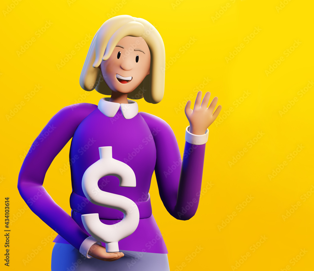 Happy, successful business woman holds Dollar sign. 3D render illustration. Business, banking, consulting, business start up concept Happy, successful business woman holds Dollar sign. 3D render illustration. Business, banking, consulting, business start up concept