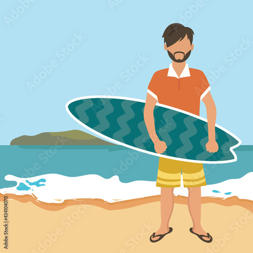 Surfer man on the beach. Concept for vacation, holiday and travel. Summer time. Flat vector illustration
