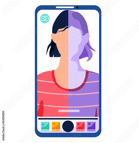 Filters for selfie screen interface photo frame in social media application with woman changes tone in photograph, processes snapshot. Selfie design app post template. Phone with mobile photo program