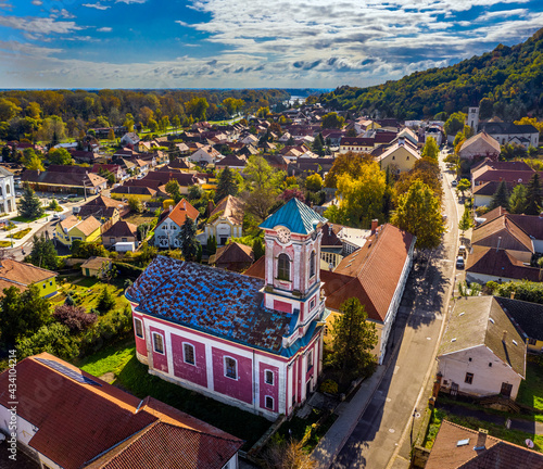 Fotografi Tokaj, Hungary - Aerial view of the Saint Nicholas Orthodox church at the high s
