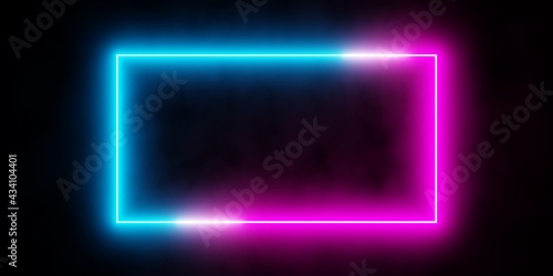 Modern futuristic abstract blue, red and pink neon glowing light frame design in dark room background