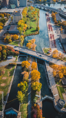 Aerial photography, canal Lachine in Montreal during autumn, reflection, colors