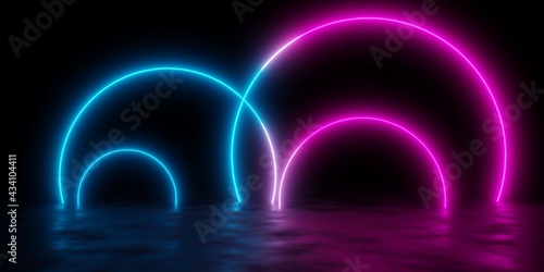 Multiple modern futuristic abstract blue, red and pink neon glowing light circle gates offset in dark room background with reflective floor © Shawn Hempel