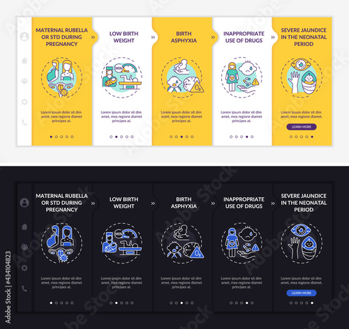 Inborn hypoacusis onboarding vector template. Responsive mobile website with icons. Web page walkthrough 5 step screens. Birth asphyxia, low weight night and day mode concept with linear illustrations