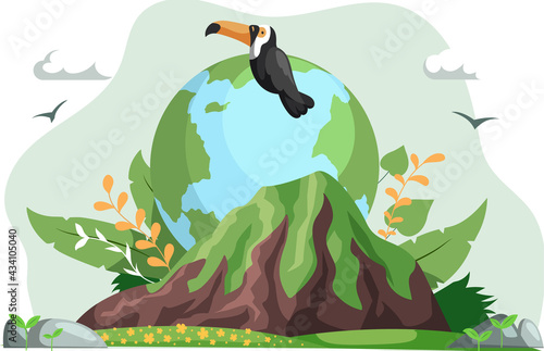 Ecology, conservation of flora and fauna, environmental protection. Toucan sitting on planet surrounded by wildlife. Representative of biodiversity of Earth. Wild tropical bird in nature landscape