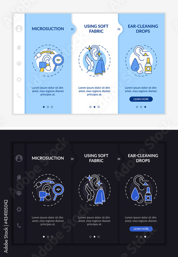 Ear cleaning methods onboarding vector template. Responsive mobile website with icons. Web page walkthrough 3 step screens. Microsuction night and day mode concept with linear illustrations