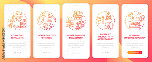 Business culture benefits onboarding mobile app page screen with concepts. Attracting top talents walkthrough 5 steps graphic instructions. UI, UX, GUI vector template with linear color illustrations