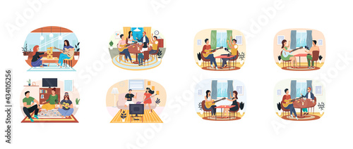 Set of illustrations people have fun watching TV, playing board games and listening to guitar music. Rest and pastime with music. Musicians with stringed instrument create melodies. Characters perform