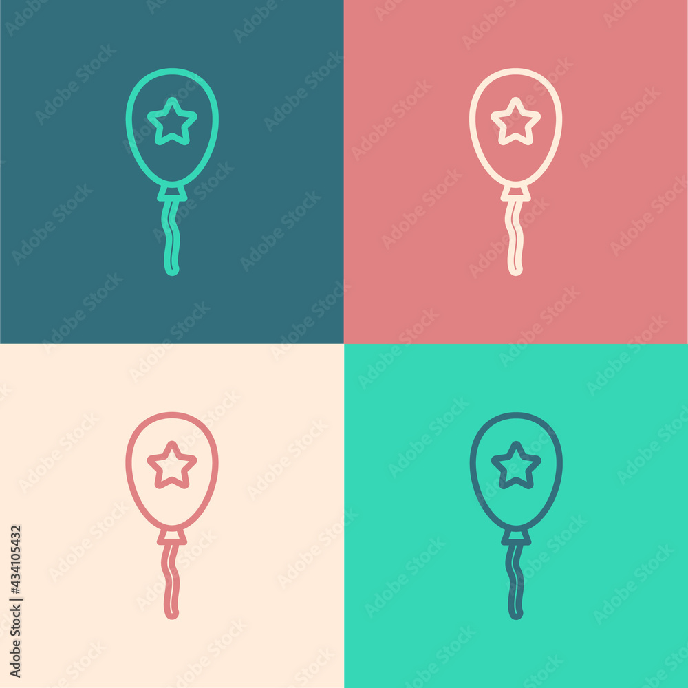 Pop art line Balloon with ribbon icon isolated on color background. Vector