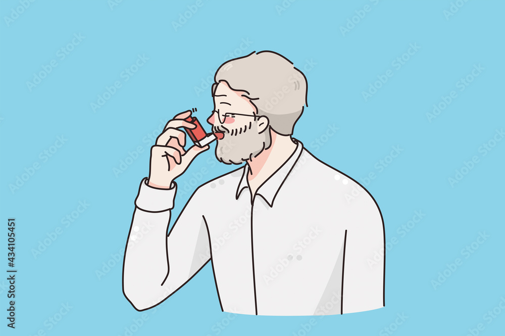 Suffering from asthma concept. Grey haired man cartoon character standing using special inhalator for lungs being ill and suffering from asthma disease vector illustration Suffering from asthma concept. Grey haired man cartoon character standing using special inhalator for lungs being ill and suffering from asthma disease vector illustration
