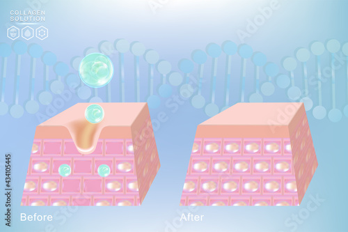 Hyaluronic acid before and after skin solutions ad, blue collagen serum drop with cosmetic advertising background ready to use, illustration vector.