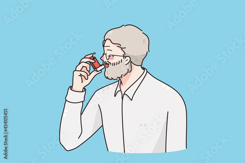 Suffering from asthma concept. Grey haired man cartoon character standing using special inhalator for lungs being ill and suffering from asthma disease vector illustration 