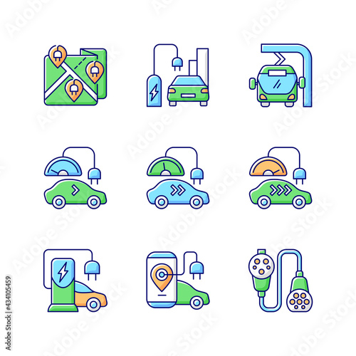 Electric vehicle charging RGB color icons set. Ecological way to travel for tourists. Natural fuel source. Charging portscof electromobiles. Isolated vector illustrations