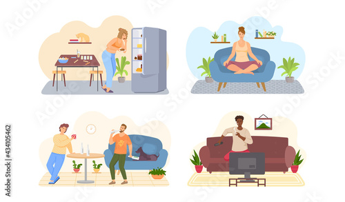 Set of illustrations about lifestyle. Sport, yoga, exercises, proper and poor nutrition, bad habits. Changes in life due to habits. Characters smoke cigarettes, drink alcohol and eat fatty foods