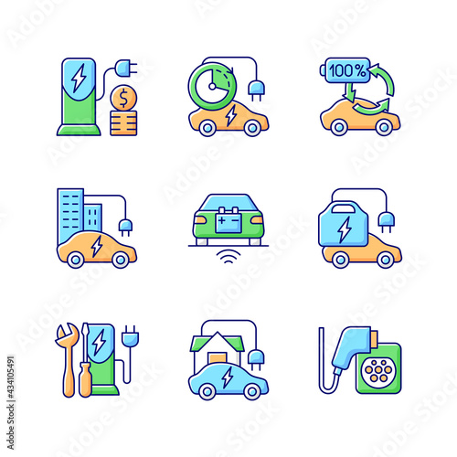 Electric vehicle charging RGB color icons set. Places where you can fill up battery of electromobile. Paying money for electricity. Isolated vector illustrations