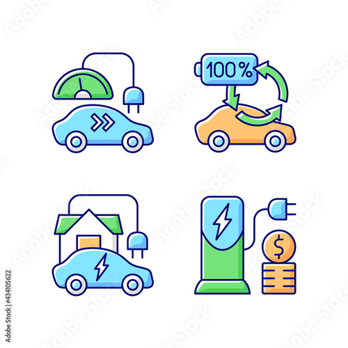 Electric vehicle charging RGB color icons set. Types of charging connectors for electromobiles battery. Ecological fuel for transort. Isolated vector illustrations