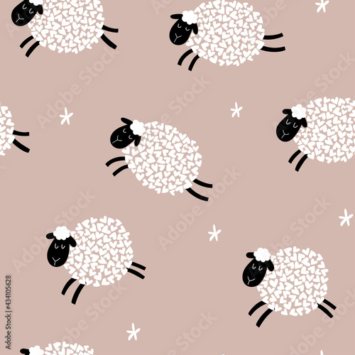 Cute cartoon sheep seamless pattern background. Sheep and flowers on a brown background. Children's vector pattern. For the design of textiles, fabric, wallpaper, wrapping paper.