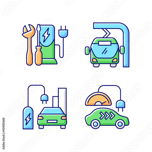 Electric vehicle charging RGB color icons set. Different types of charging stations for electromobiles. Time spent to fill up battery. Isolated vector illustrations