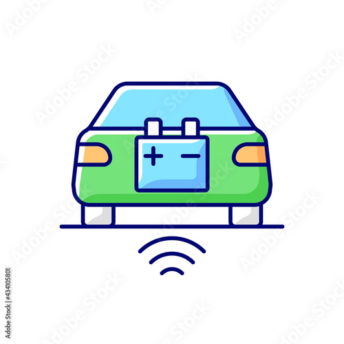 Wireless EV charging RGB color icon. Fueling electromobile without cable usage. Modern futuristic charging stations remote technologies. Isolated vector illustration