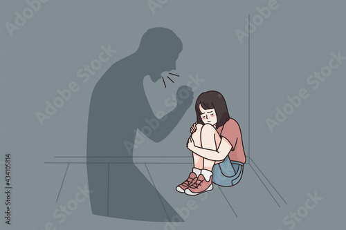 Child abuse and fear concept. Small stressed girl cartoon character sitting on floor listening to her Father shadow yelling at her feeling upset and depressed vector illustration 