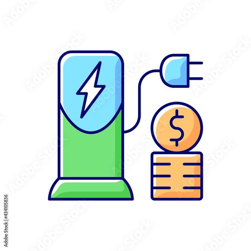 Charging cost RGB color icon. Amount of money payed for charging battery of electromobile. Natural fuel. Ecological way of traveling. Isolated vector illustration