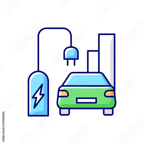 On street residential EV charging RGB color icon. Smart charging stations for electromobiles on streets. Place to charge car battery. Isolated vector illustration