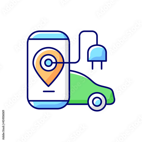 EV charging app RGB color icon. Digital application to find charging stations for electromobile. Using device to pay for natural fuel. Isolated vector illustration