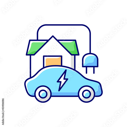 Home EV charging point RGB color icon. Fueling up electronic vehicle at home. Convinient place to charge electromobile. Natural fuel. Isolated vector illustration