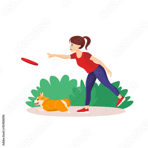 Vector illustration in cartoon style isolated on white background. Girl throwing a frisbey to her pet. Playing Fetch with welsh corgi. Retrieve command	
