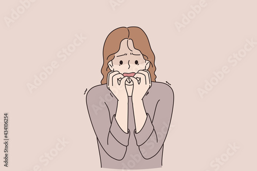Being worried and stress concept. Portrait of attractive cute scared worried young girl cartoon character biting nails feeling stressed vector illustration 