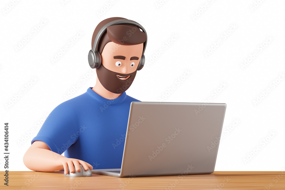 Happy cartoon character man in headphones work with laptop on the wooden table isolated over white background. Online business and education concept. Happy cartoon character man in headphones work with laptop on the wooden table isolated over white background. Online business and education concept.